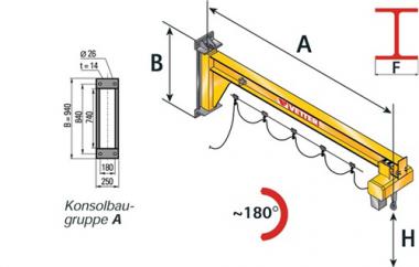 Wandschwenkkran ASSISTENT E-Zug - 1 ST  u.Rollfahrwerk Trgf.125kg Auslad.4000mm 180Grad