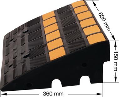 Bordsteinrampe L600xB360xH150mm - 1 ST  Gum.schwarz/gelb m.2 Ablauf-/Kabelkanlen