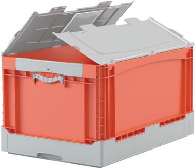 Faltbox L600xB400xH320mm - 1 ST  Inh.65l grau/orange m.DeckelPP Liftgriffe