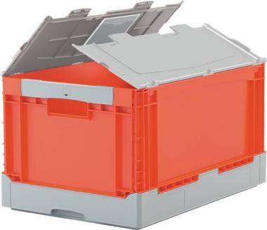 Faltbox L600xB400xH320mm - 1 ST  Inh.65l grau/orange m.DeckelPP Durchfassgriffe