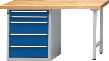 Werkbank V B1500xT700xH890mm - 1 ST  Buche massiv lichtgrau enzianblau 5 Schubl.ANKE