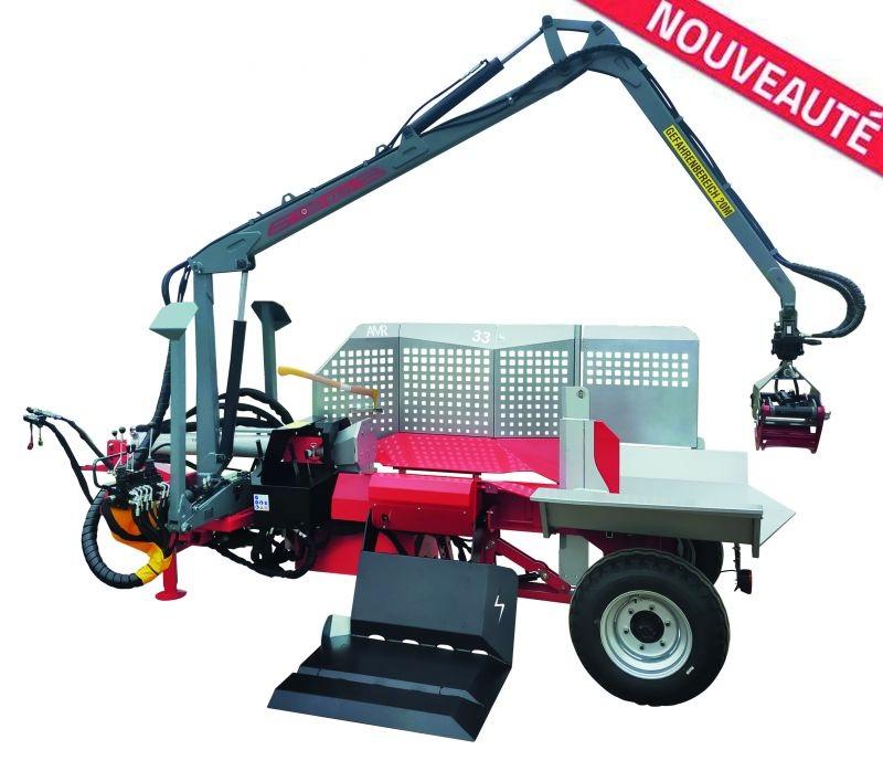 HPF33 ESS Vogesenblitz horizontal Holzspalter auf 25 km/h Fahrwerk und Kran, EN609-1, 33 to., Zapfwellenantrieb