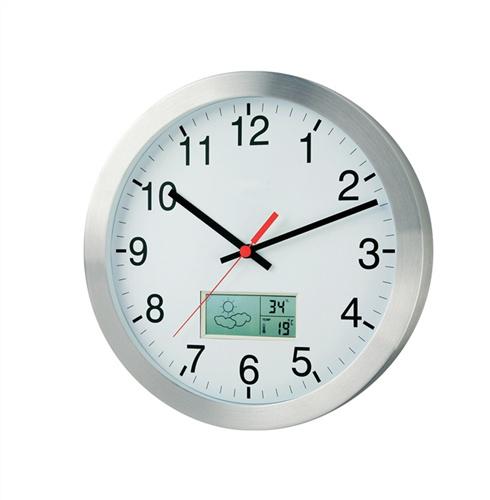 Wanduhr Funkuhr Alu.mattsilber, 1,5 V D.300mm Zahlen m.Thermo-/Hygrometer